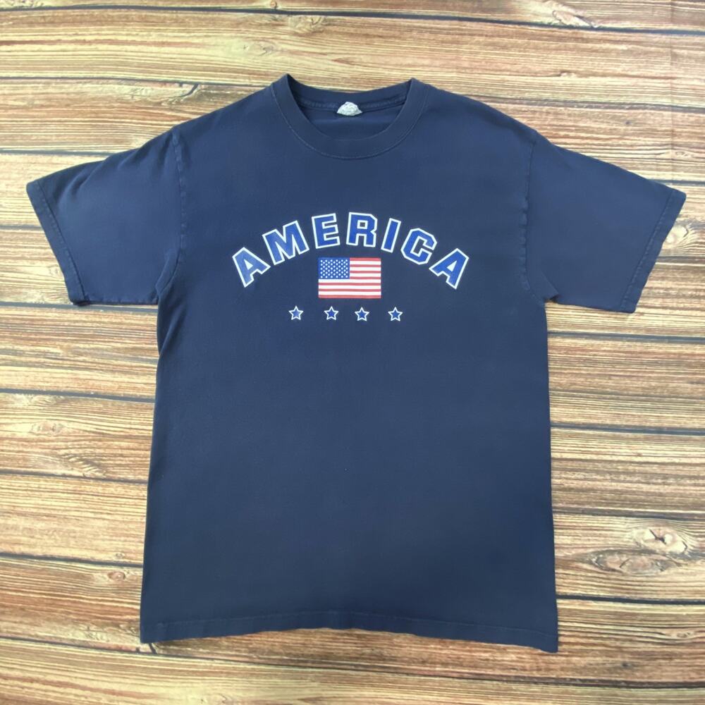 Vtg America Flag Stars Navy TShirt Sz Medium Blue bar Hanes